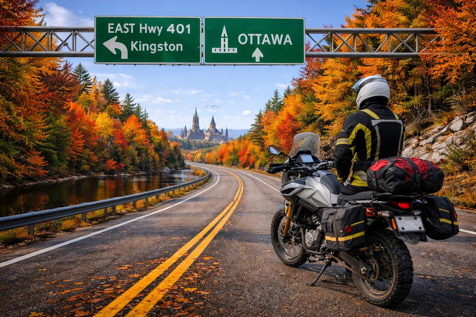 A motorcyclist on a fall road trip along a vibrant highway in Ontario, with colorful autumn leaves lining the road and the iconic Ottawa skyline in the background.