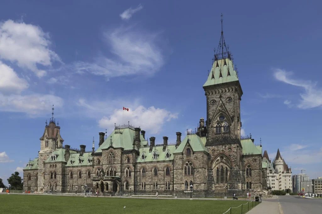 Parliament Hill in Ottawa Canada showing the Peace Tower and historic Parliament buildings
